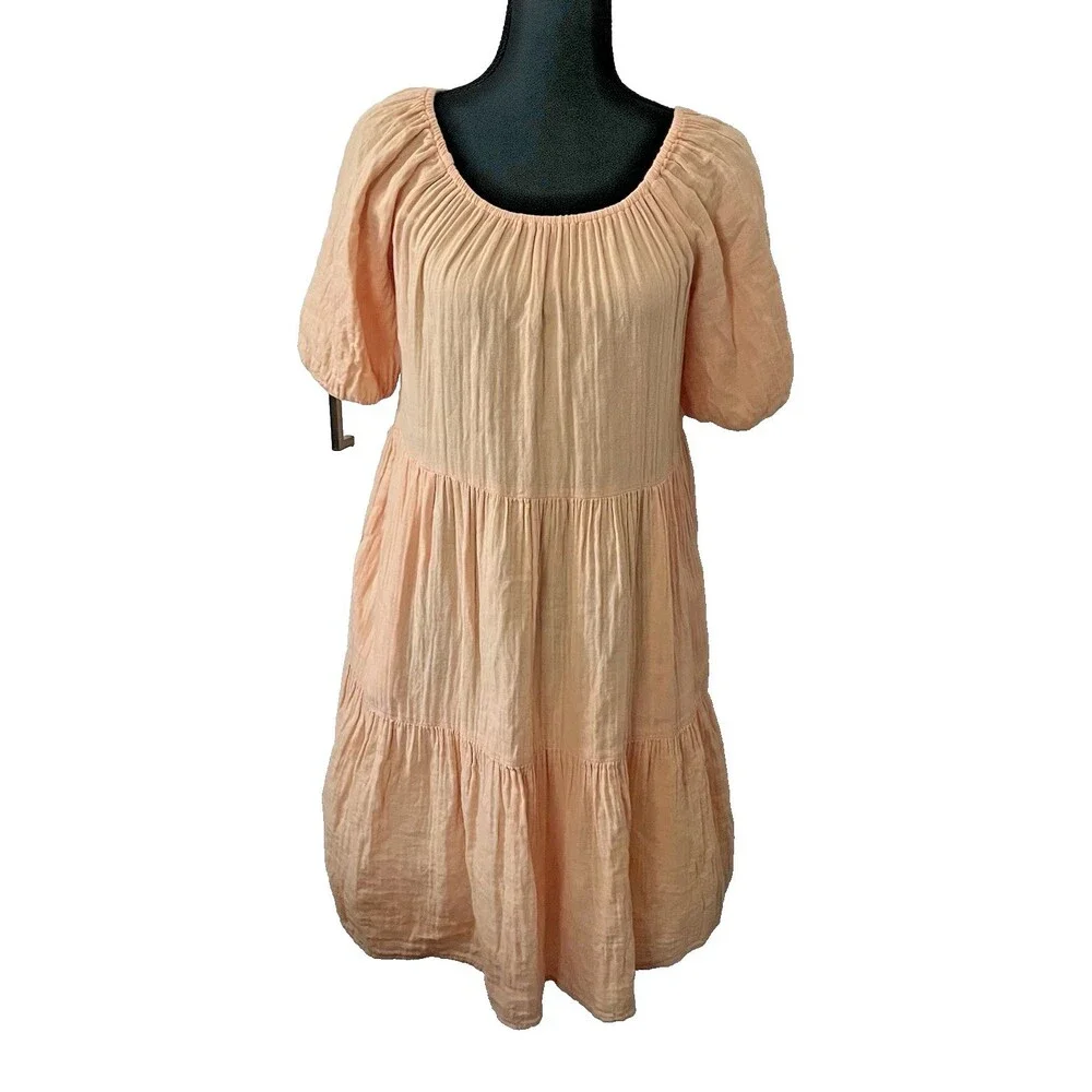 Old Navy Wm's S Gauzy Puff Sleeve Tiered Mini Swing Dress Short with Pockets - Picture 3 of 6